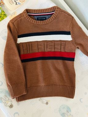 Tommy Hilfiger Brown Crewneck Sweater with Red, White & Navy Stripes